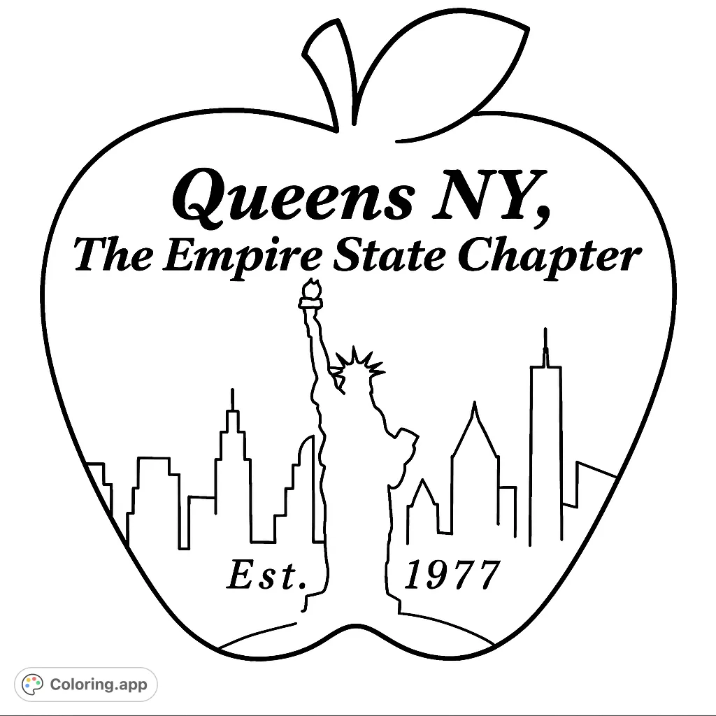 Color this unique Queens NY apple emblem featuring the Statue of Liberty and a city skyline, perfect for New York enthusiasts and local pride.
