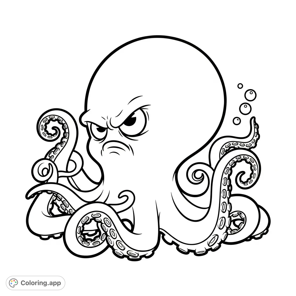 A charming cartoon octopus expresses frustration with a scrunched head, narrowed eyes, and tense, curling arms, perfect for a children's emotional learning coloring page.