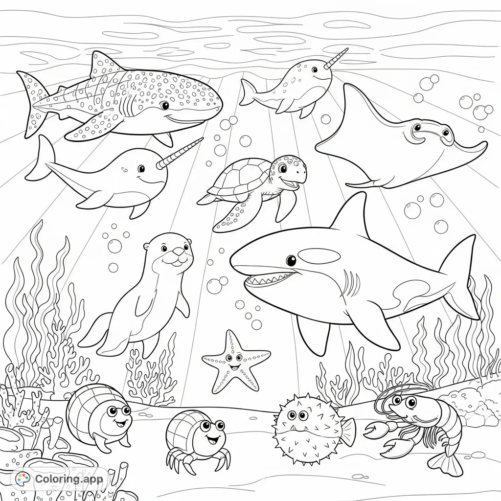 Dive into a delightful underwater coloring page featuring smiling sea creatures like a whale shark, orca, and sea turtle, surrounded by coral and kelp.