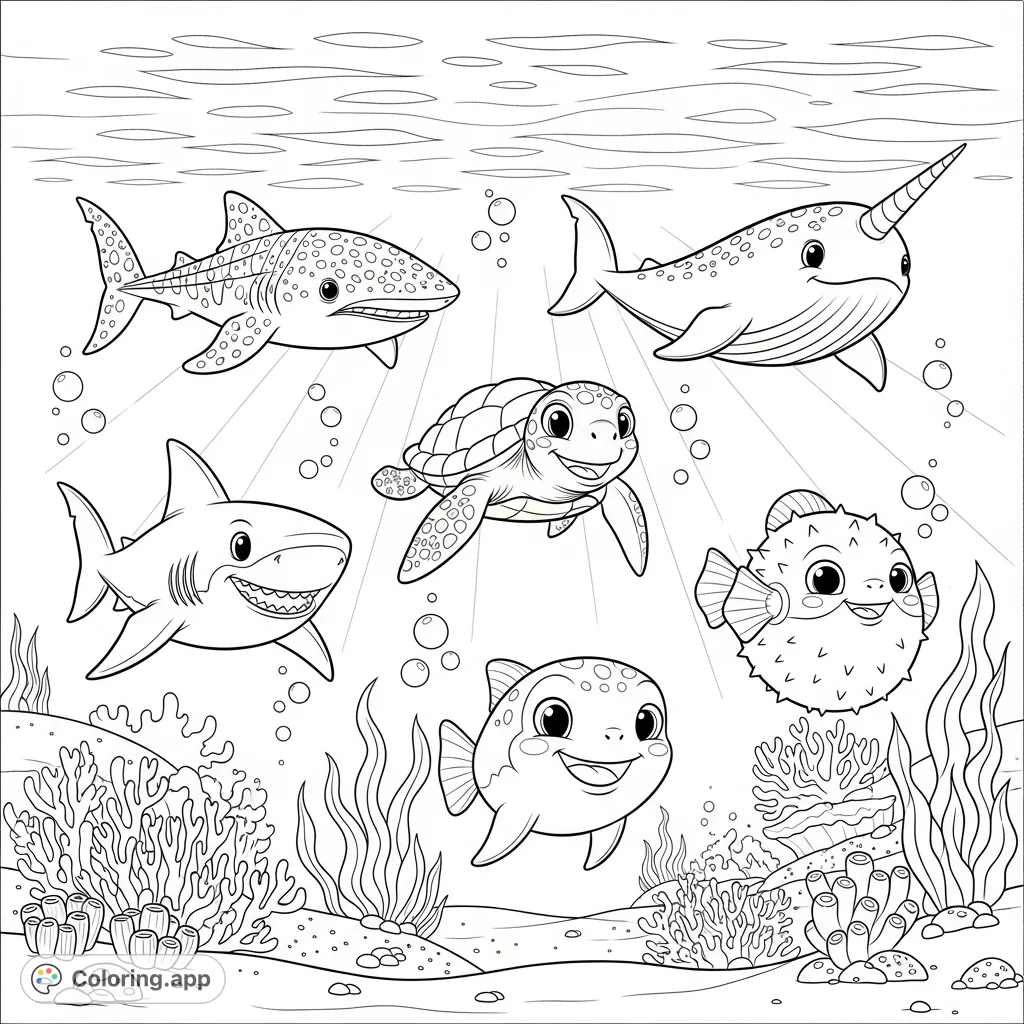 Dive into a joyful underwater scene with five smiling sea creatures: a great white shark, sea turtle, narwhal, whale shark, and pufferfish, surrounded by coral and bubbles.