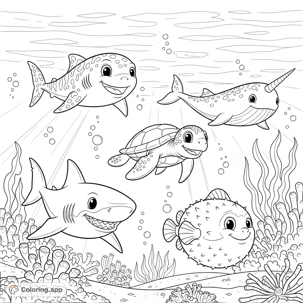 Dive into a joyful underwater scene with five smiling sea creatures: a great white shark, sea turtle, narwhal, whale shark, and pufferfish, surrounded by coral and bubbles.
