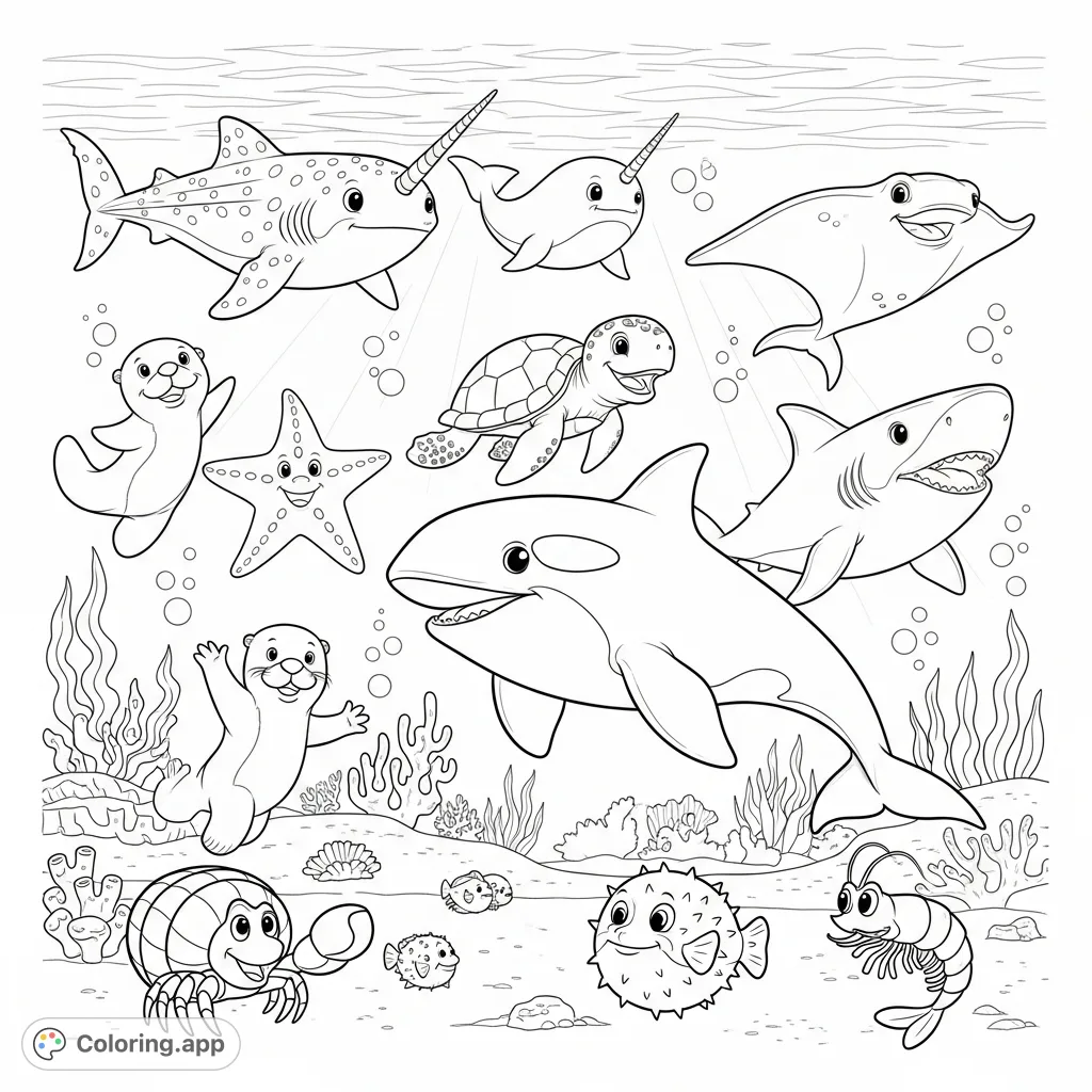 A delightful underwater scene featuring a variety of smiling sea creatures like a whale shark, narwhal, and sea turtle, surrounded by coral and bubbles.