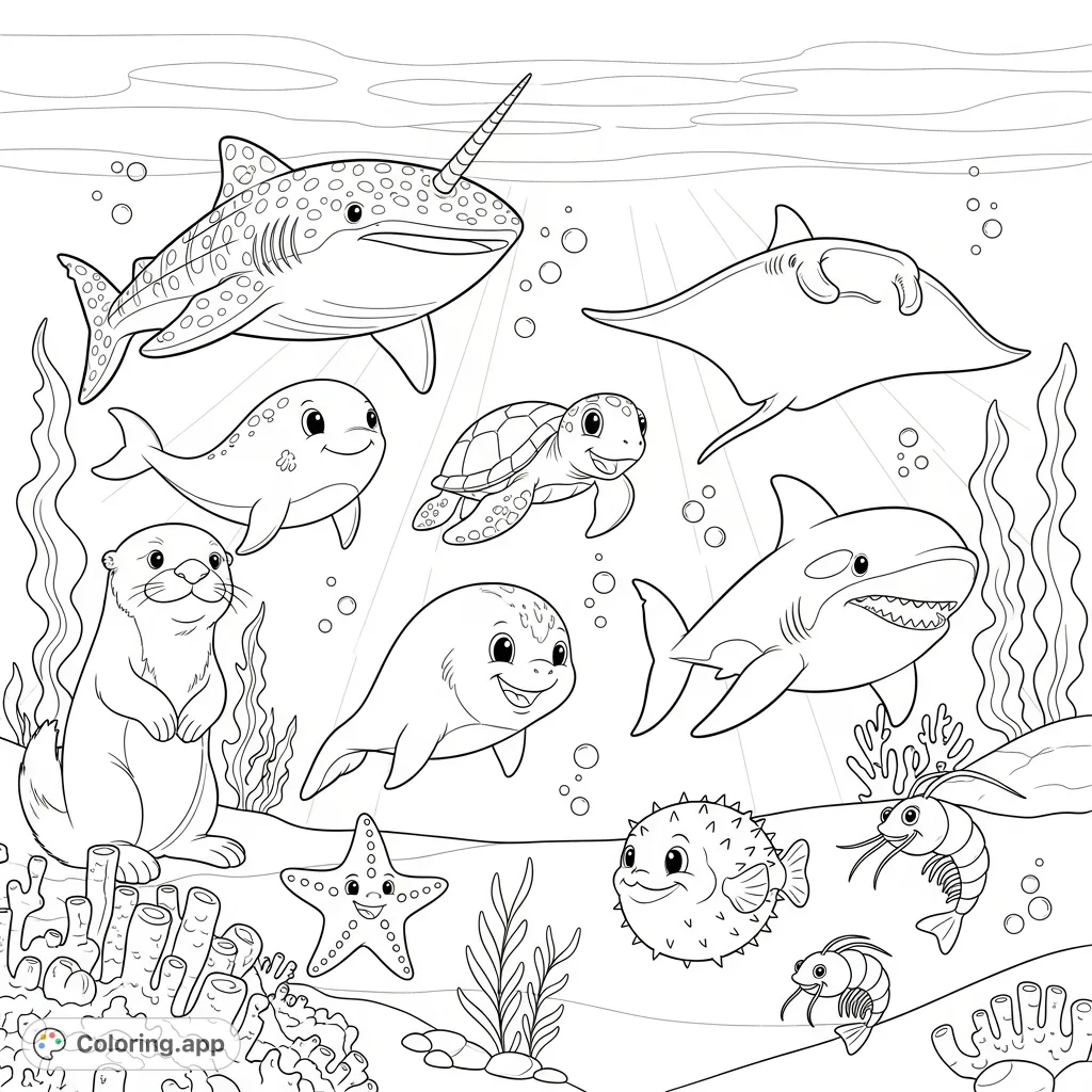 Dive into a joyful underwater scene featuring smiling sea creatures like a whale shark, orca, and sea turtle. Perfect for an ocean life coloring page adventure!