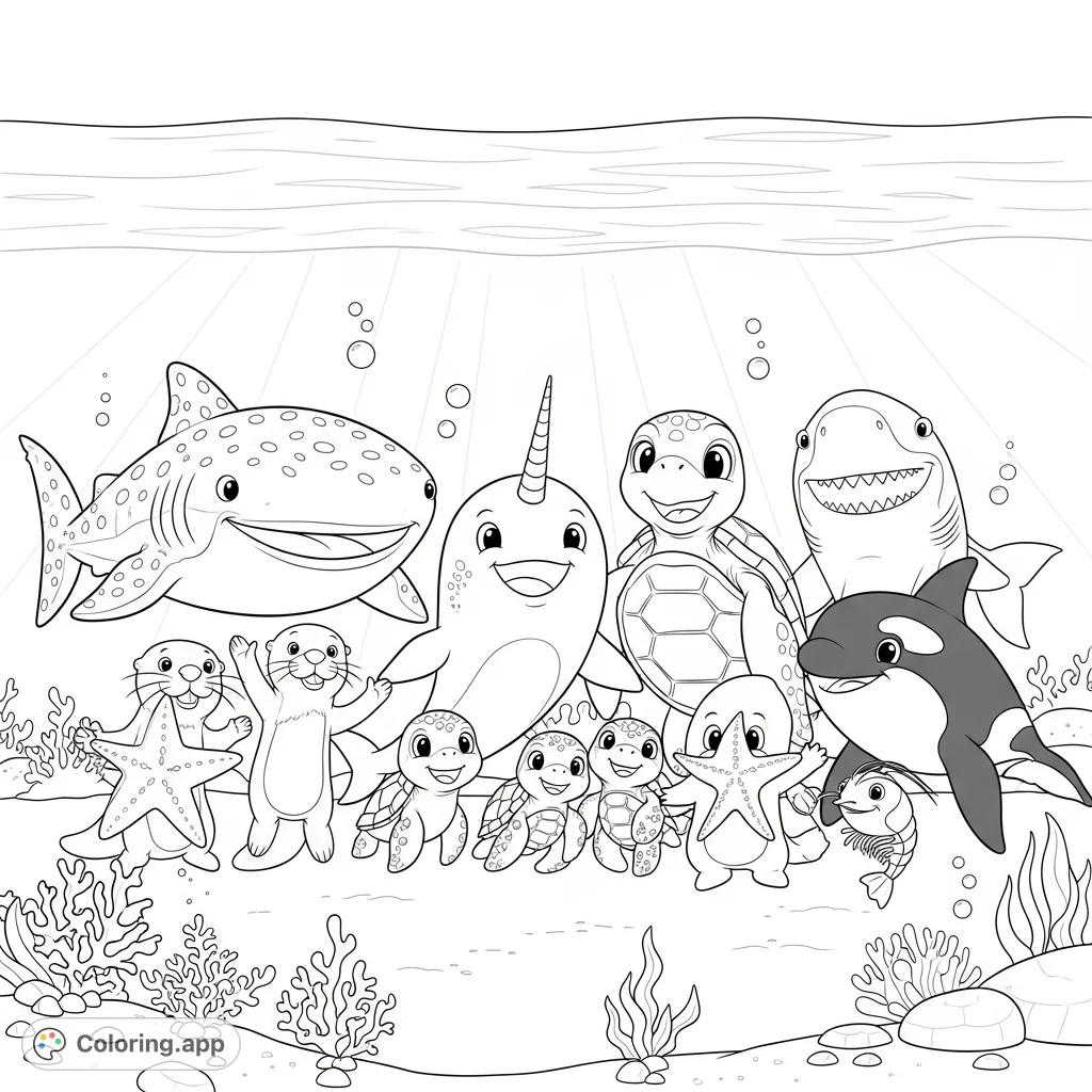 A delightful underwater scene featuring a smiling whale shark, narwhal, sea turtle family, and other friendly sea creatures posing happily amidst coral and bubbles.