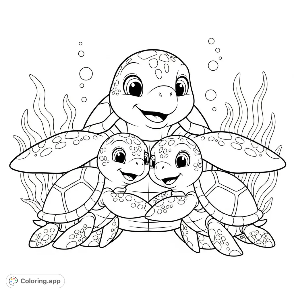 A heartwarming underwater scene featuring a happy turtle family of three in a cozy embrace, perfect for a free printable love coloring page.