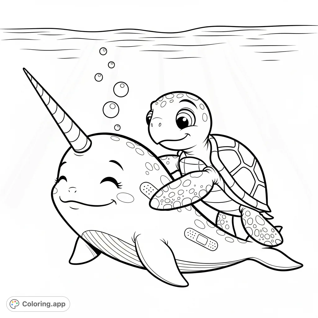 A heartwarming underwater scene depicting a grateful narwhal receiving a bandage from a kind sea turtle. A gentle moment of friendship and help.