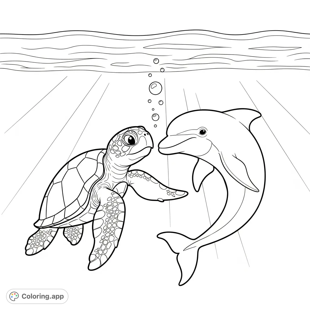 Dive into a heartwarming underwater scene where a sea turtle and dolphin share a gentle, affectionate hug. Perfect for teaching love and friendship.