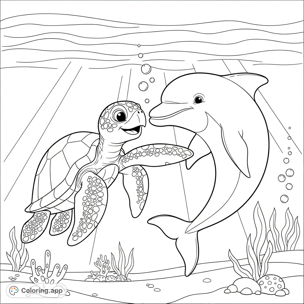 A heartwarming underwater scene featuring a sea turtle and a dolphin sharing a friendly hug, surrounded by gentle bubbles and ocean flora. Perfect for expressing love.