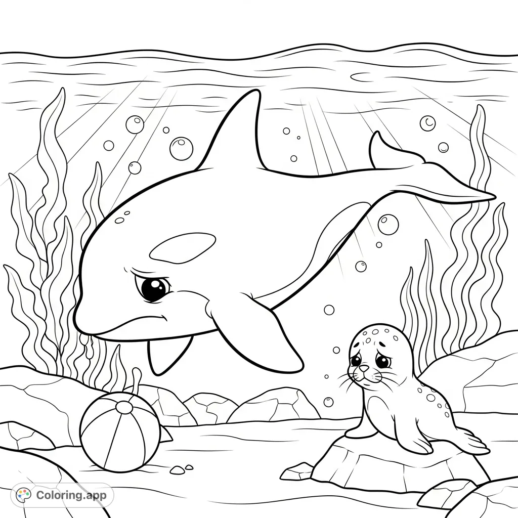 Explore an underwater scene featuring a sad orca and seal pup, contemplating a deflated beach ball. A gentle depiction of guilt and empathy for kids.