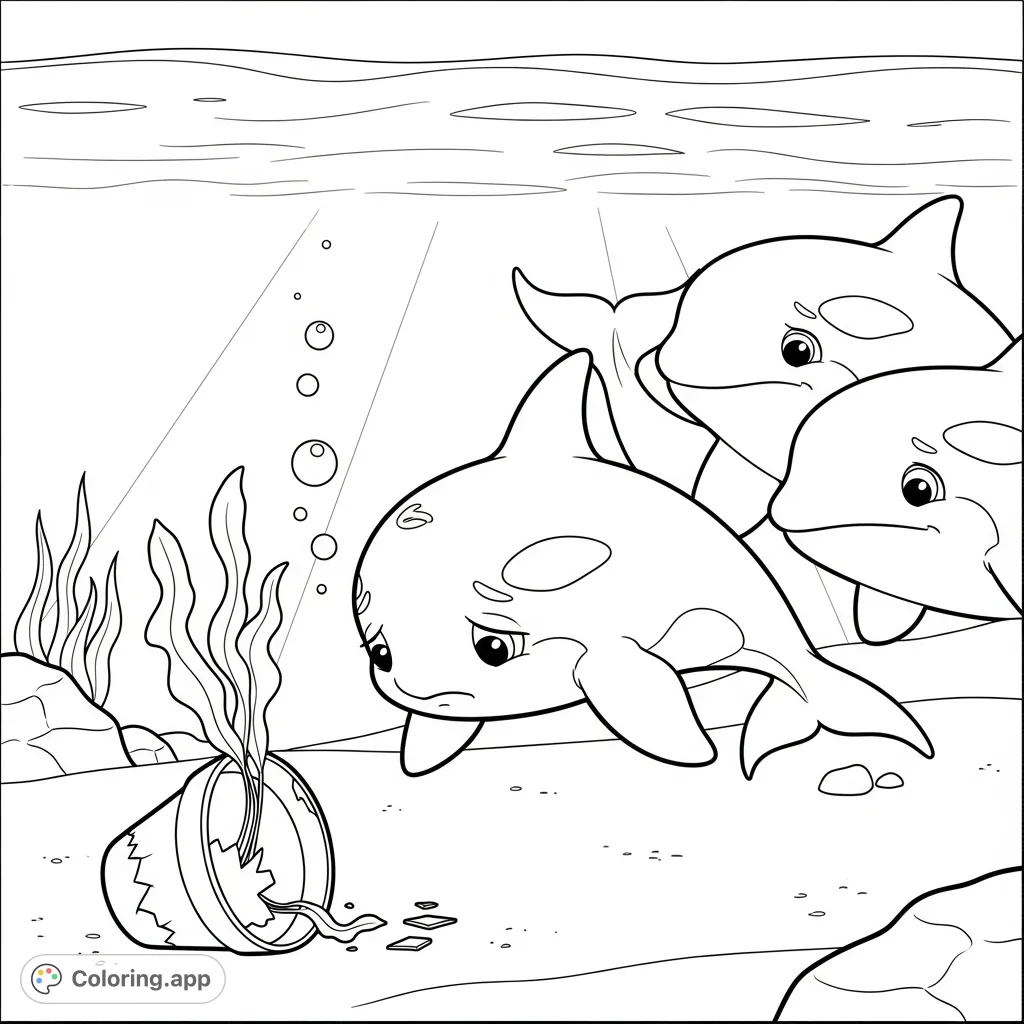 An endearing underwater scene featuring a young orca expressing guilt over a broken flower pot, observed by its parents. A touching free printable orca coloring page.