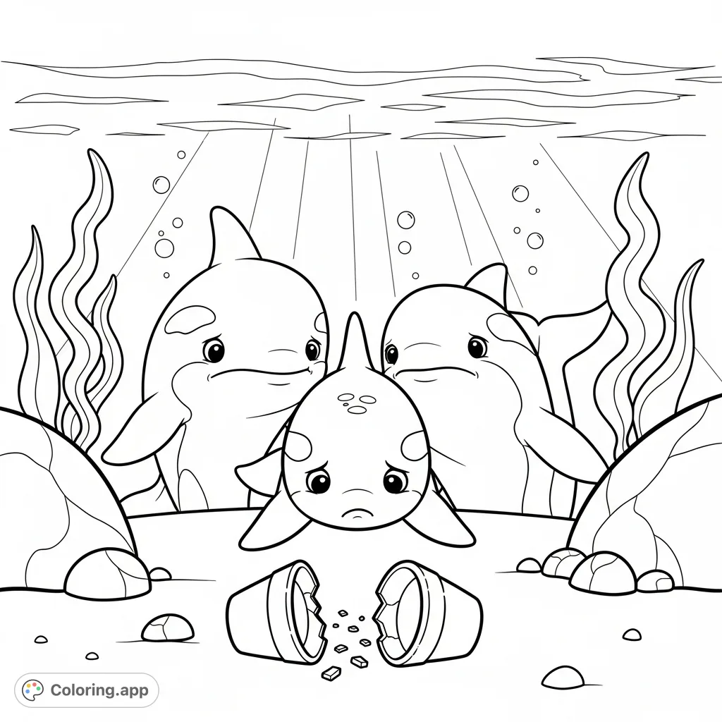 Explore emotions with this charming underwater coloring page featuring a young orca feeling remorse over a broken pot, watched by its parents.