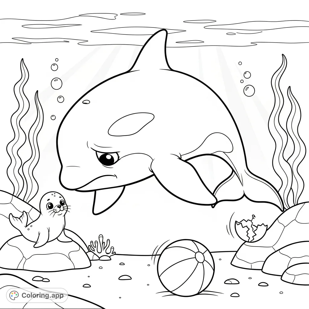 A touching underwater scene featuring a sad orca looking at a broken beach ball, observed by a disappointed seal pup. Perfect for teaching empathy.