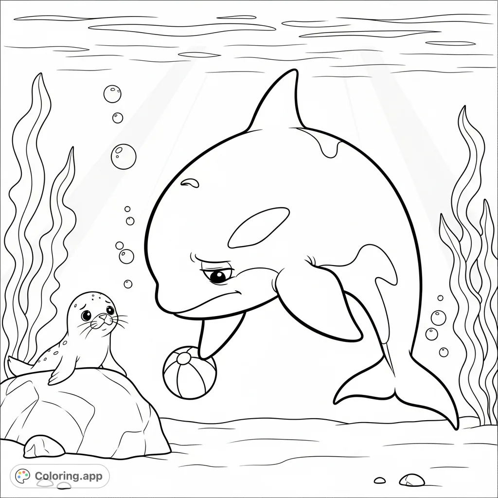 A cartoon-style orca with a sad expression holds a beach ball, while a disappointed seal pup watches from a rock in a gentle underwater scene.