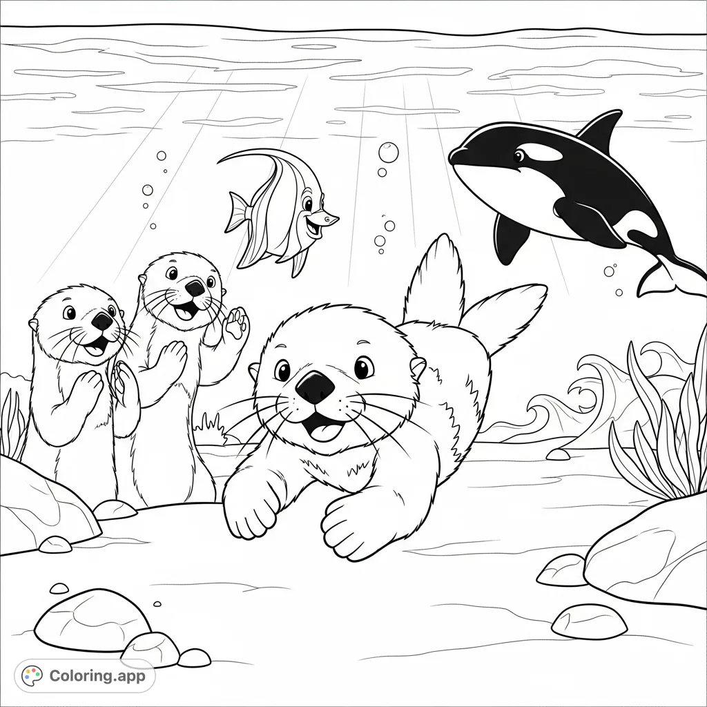 Dive into an exciting underwater race! A determined young sea otter swims forward, cheered on by parent otters, a Moorish idol, and an orca. A fun, encouraging scene.