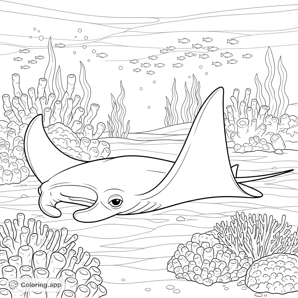 Discover a serene manta ray peacefully sleeping on the ocean floor amidst coral and gentle seaweed. A tranquil underwater scene perfect for relaxation.