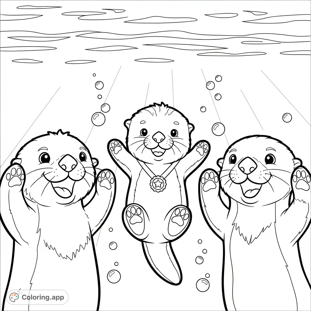A heartwarming underwater scene featuring a confident young sea otter with a medal, cheered on by its proud parents. Perfect for a confidence-themed coloring page.