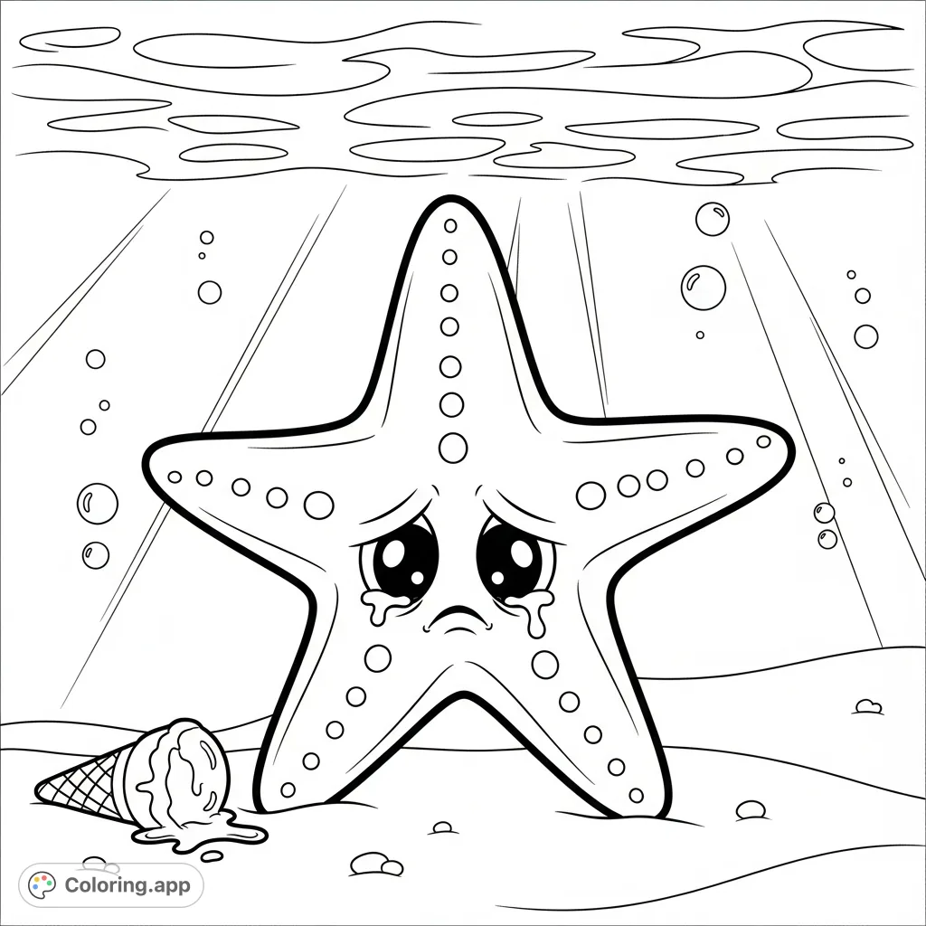 A cute starfish expresses sadness over a dropped ice cream cone on the ocean floor. A simple, engaging underwater scene perfect for teaching emotions.