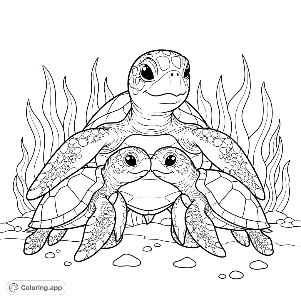 Dive into a heartwarming sea turtle family coloring page, depicting three loving turtles in a gentle embrace. Perfect for celebrating family bonds.