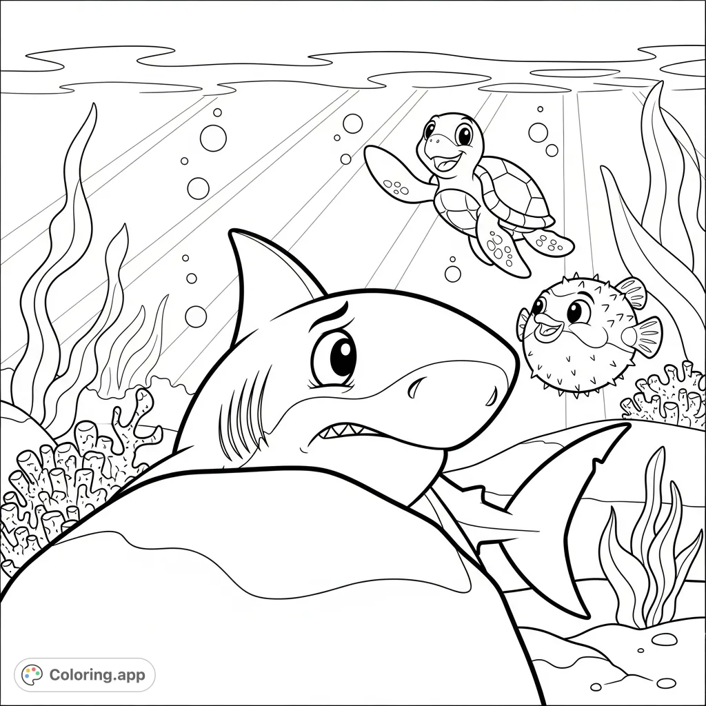 A charming underwater scene featuring a shy great white shark peeking from a rock, greeted by friendly sea turtle and pufferfish. Perfect for kids to explore emotions.
