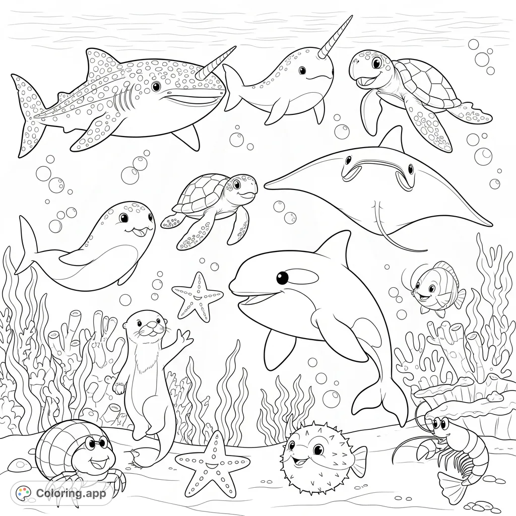 Dive into a cheerful underwater scene featuring a variety of smiling sea creatures like a whale shark, orca, and sea turtle, surrounded by coral and bubbles.