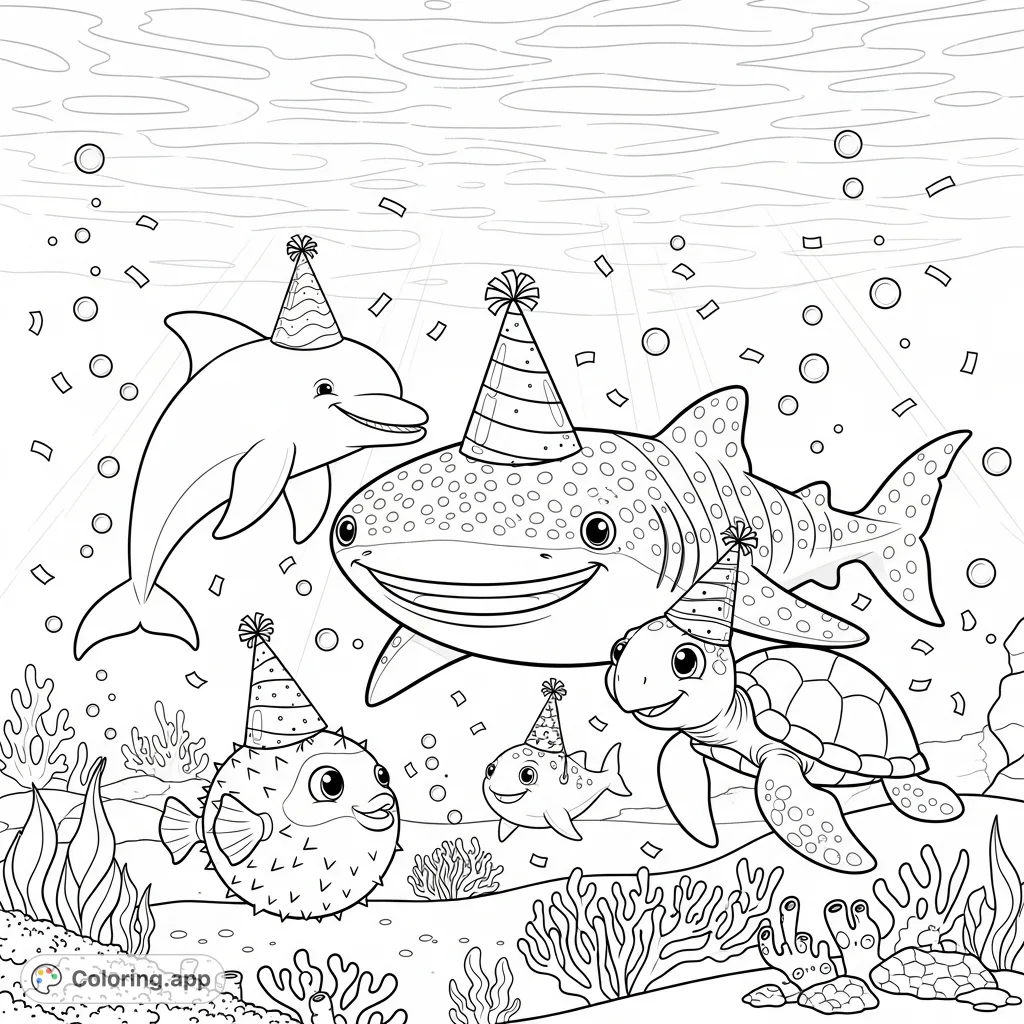 Dive into a joyful underwater birthday party! A happy whale shark celebrates with friends—a dolphin, sea turtle, and pufferfish—all wearing festive hats amidst bubbles and confetti.