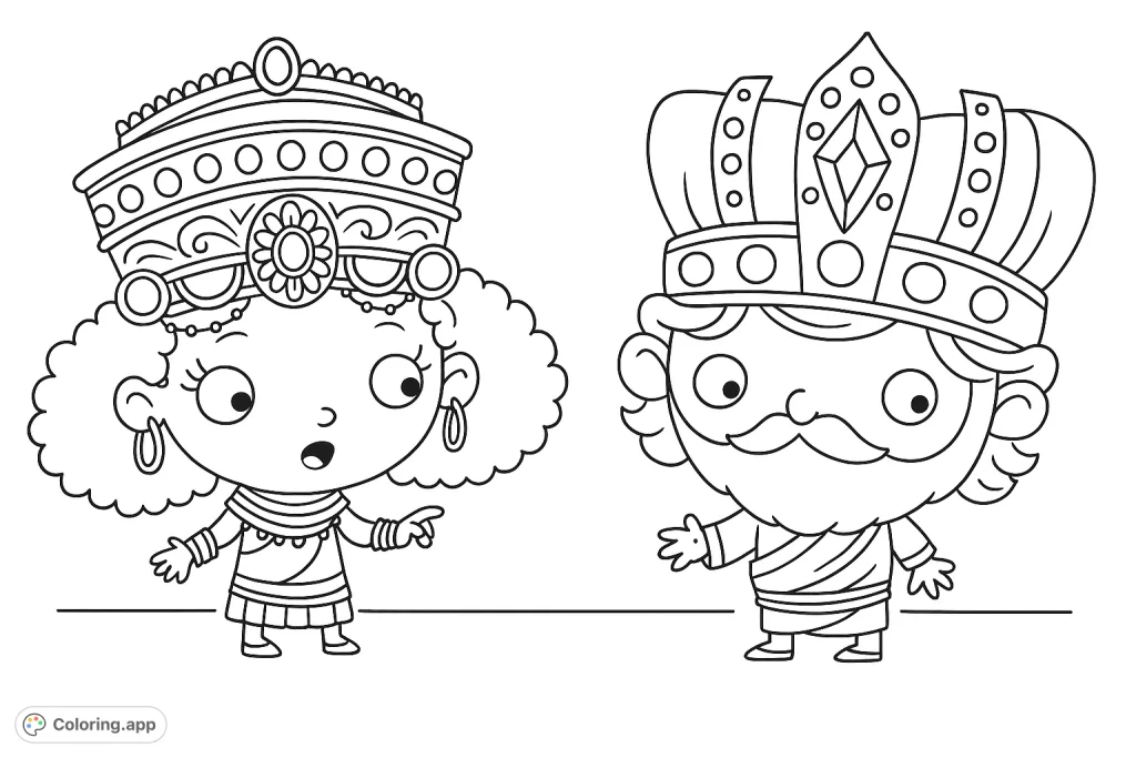 A charming coloring page featuring a whimsical king and queen in elaborate crowns and attire. Perfect for imaginative fun and creative expression.