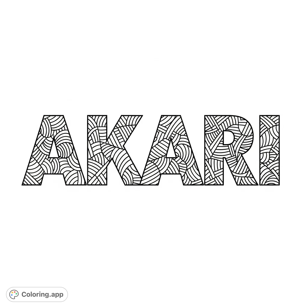 Explore intricate abstract lines and geometric patterns filling each letter of 'AKARI'. A detailed typography coloring page for creative expression and focus.