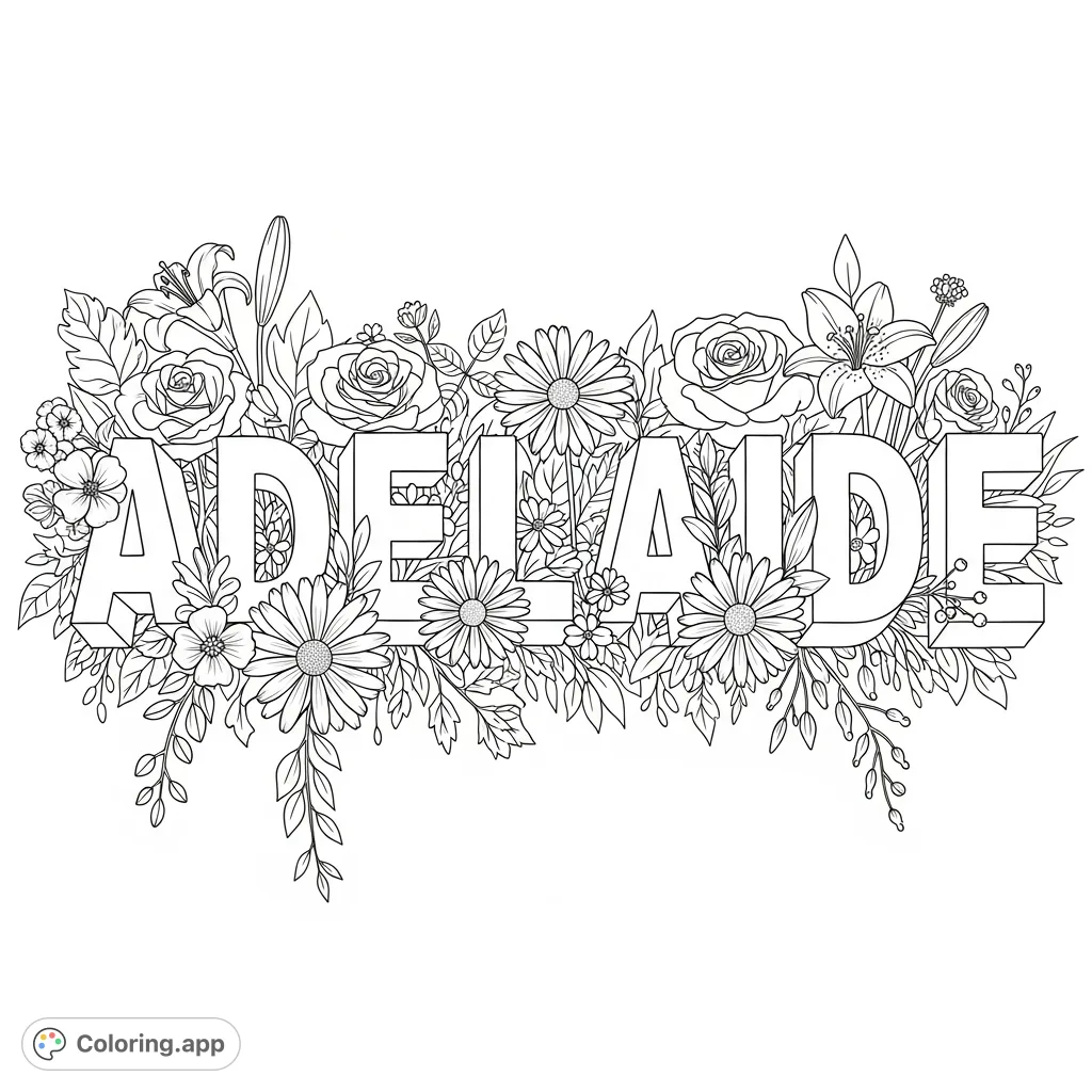 Discover a unique ADELAIDE coloring page featuring beautifully detailed flowers blooming within each letter. A delightful blend of typography and nature for all ages.