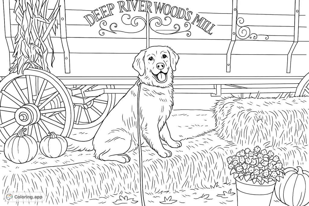 A charming dog sits on hay bales next to a vintage wagon, surrounded by pumpkins and autumn decor. Perfect for fall-themed coloring fun!