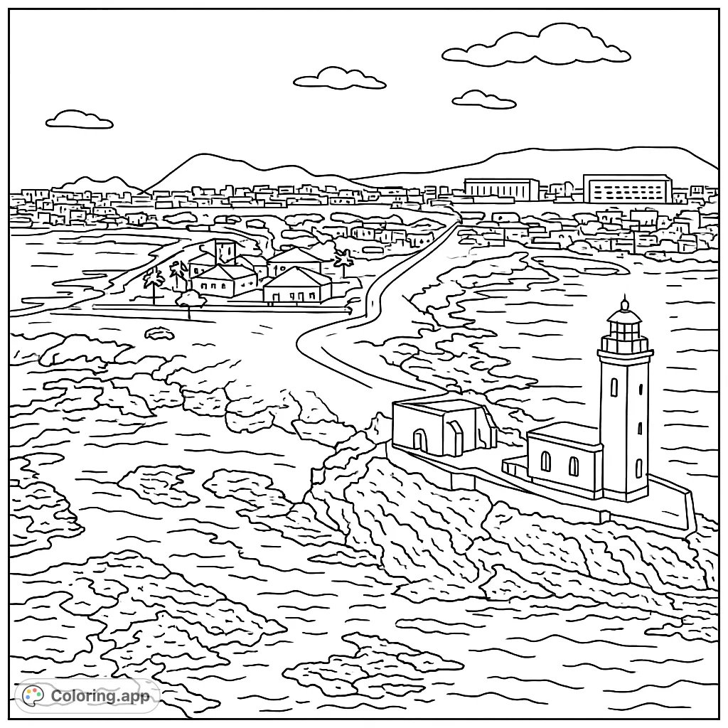Explore a detailed coastal scene featuring a majestic lighthouse, a bustling town, and rugged ocean waves. A captivating landscape for creative coloring.