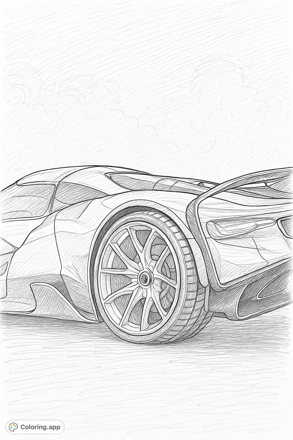 Unleash your creativity on this dynamic sports car coloring page, featuring a sleek design, intricate wheels, and a powerful rear spoiler.
