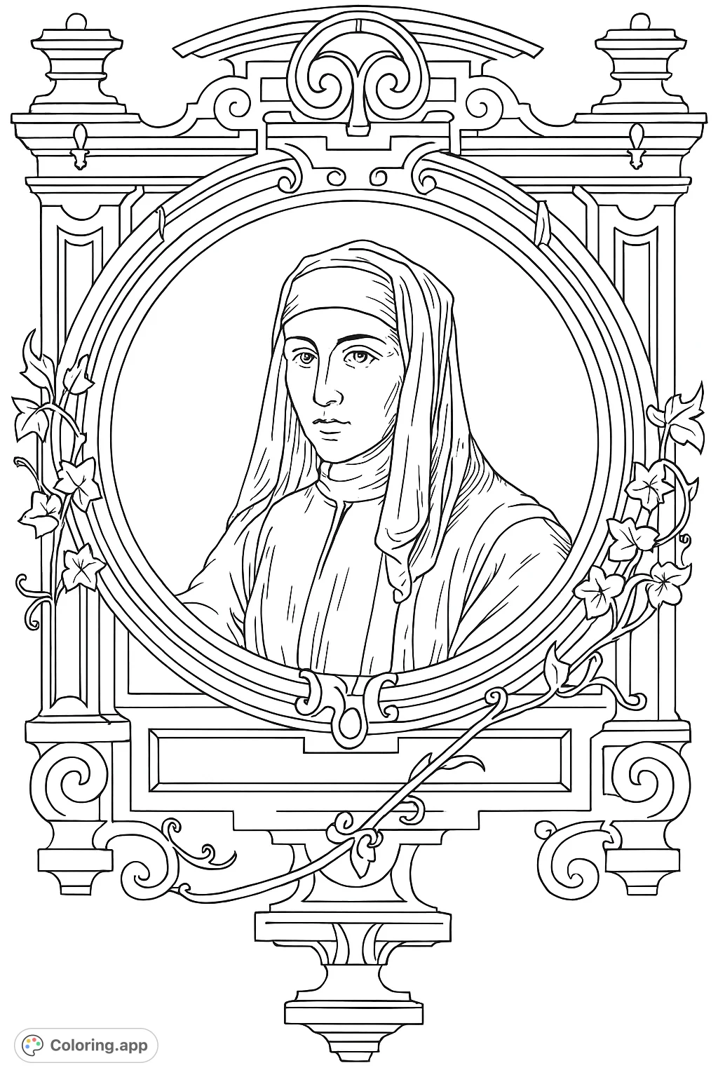 An intricate coloring page featuring a historical portrait within a highly detailed, ornate frame. Perfect for those who enjoy historical art and complex designs.