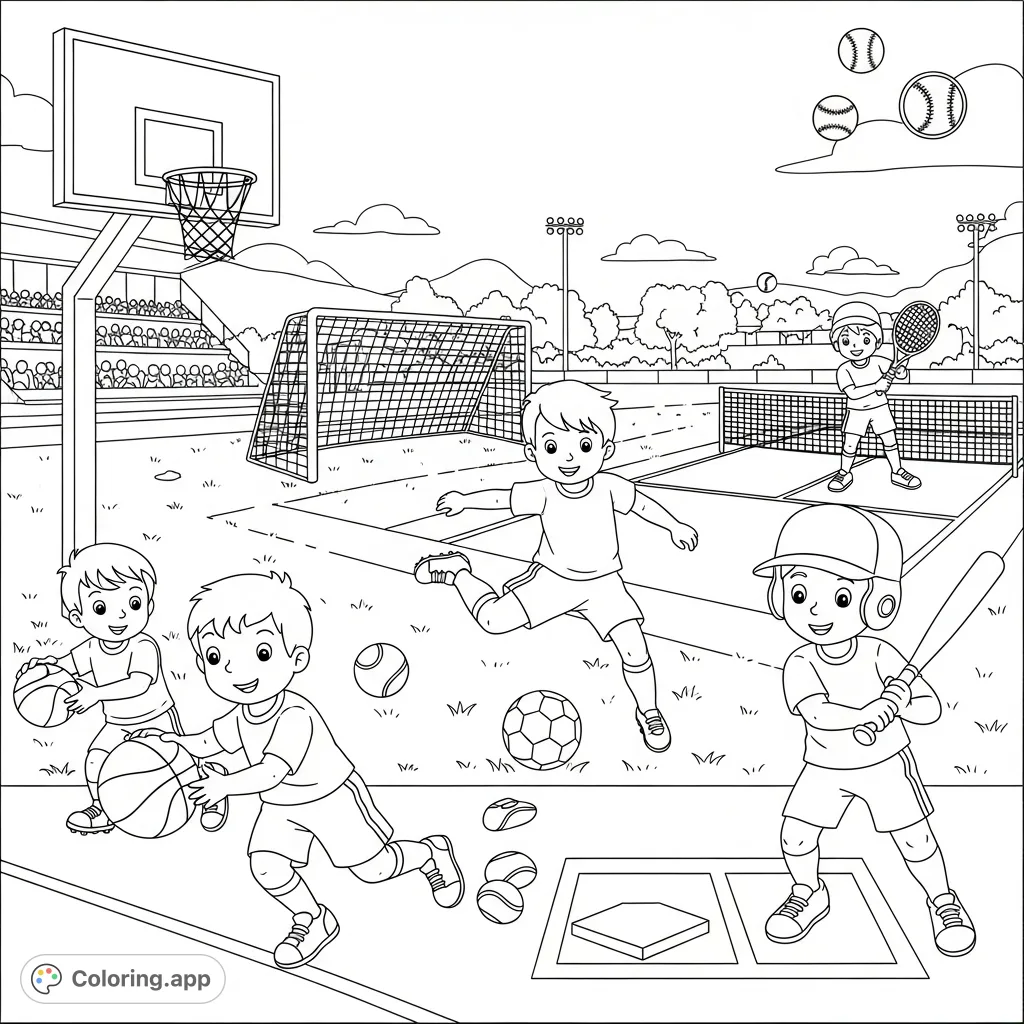 A dynamic sports coloring page featuring children playing basketball, soccer, tennis, and baseball in a lively park setting. Perfect for young athletes!