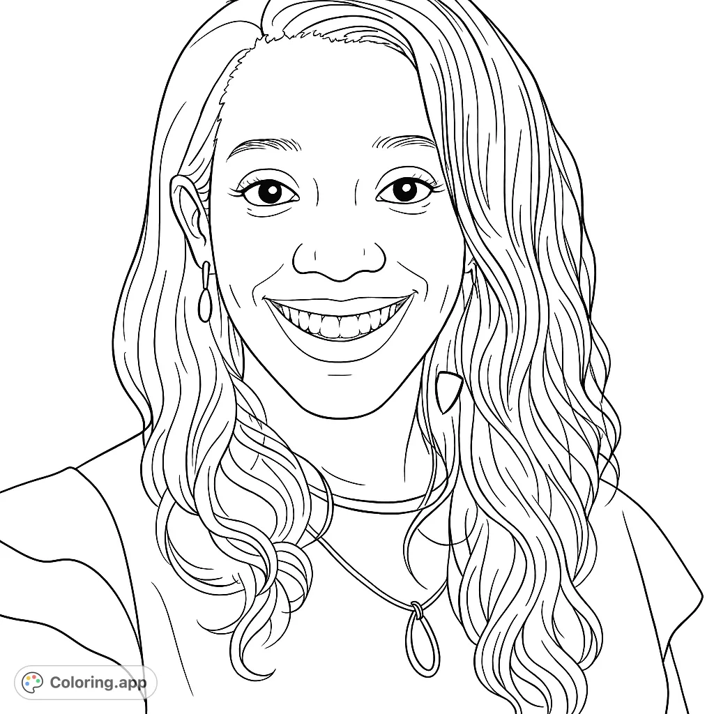 A delightful portrait of a smiling woman with flowing hair and elegant accessories, set against an abstract background. Perfect for a relaxing coloring experience.
