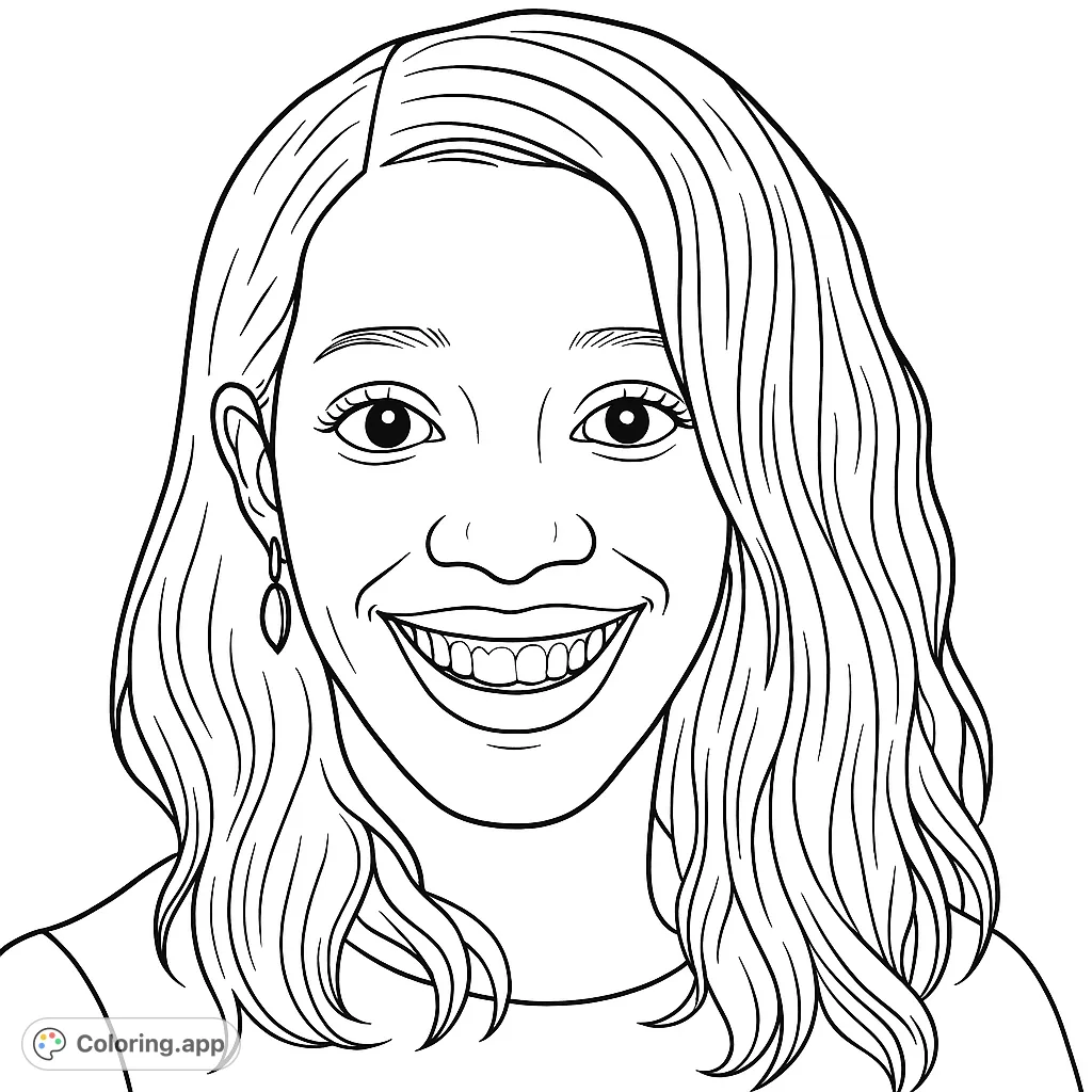 A captivating portrait of a smiling woman with flowing hair, offering a serene and engaging coloring experience. Express joy and creativity with this beautiful design.