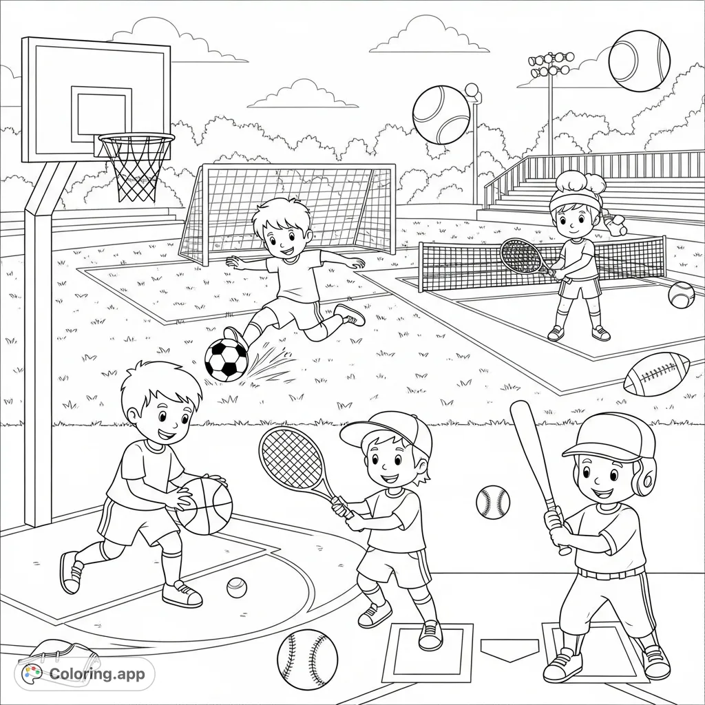 A dynamic sports coloring page featuring children playing basketball, soccer, tennis, and baseball in a lively park setting. Perfect for young athletes!