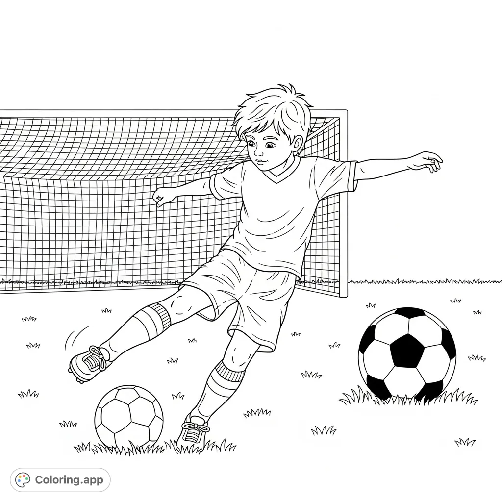 A dynamic soccer player is captured mid-kick on a grassy field with a goal net. A small, detailed soccer ball illustration adds a playful touch.