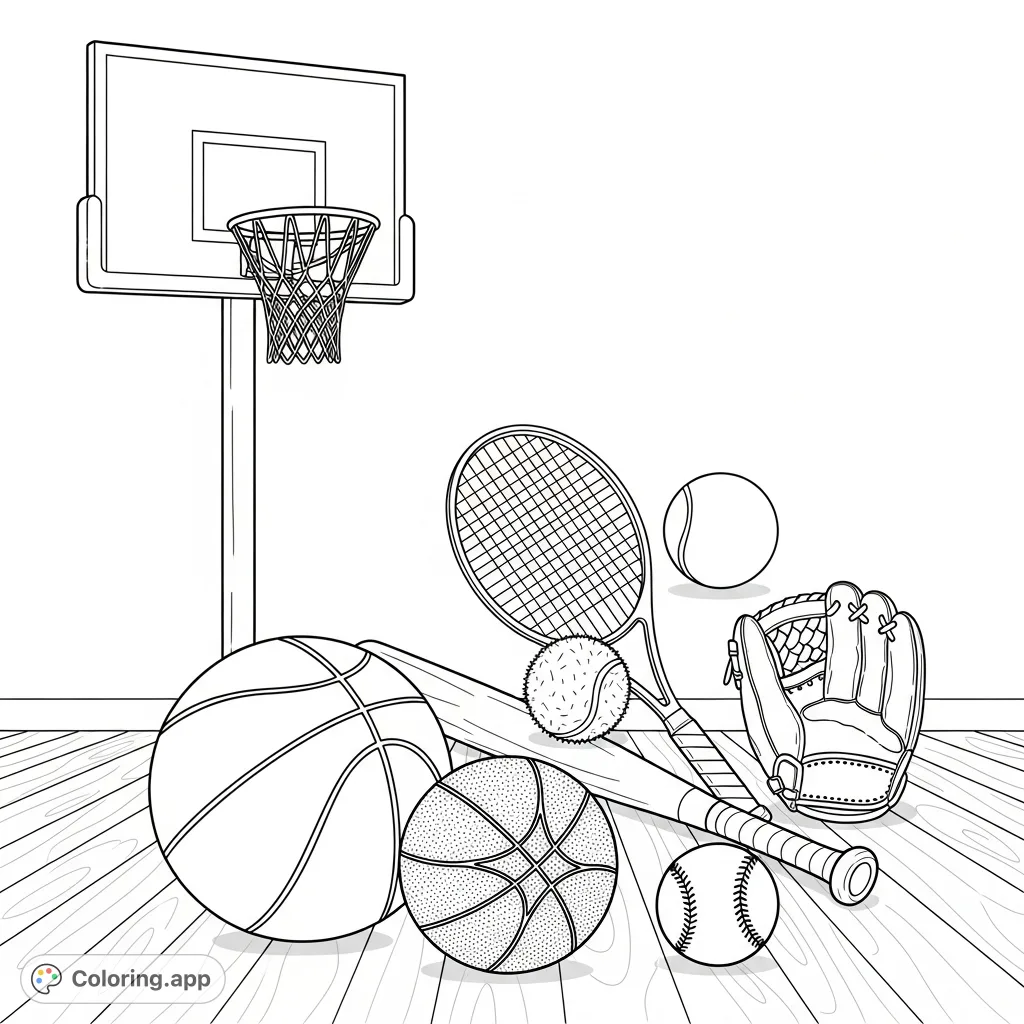 Explore a dynamic sports equipment coloring page featuring basketball, tennis, and baseball gear on a detailed gymnasium floor. Perfect for all ages!
