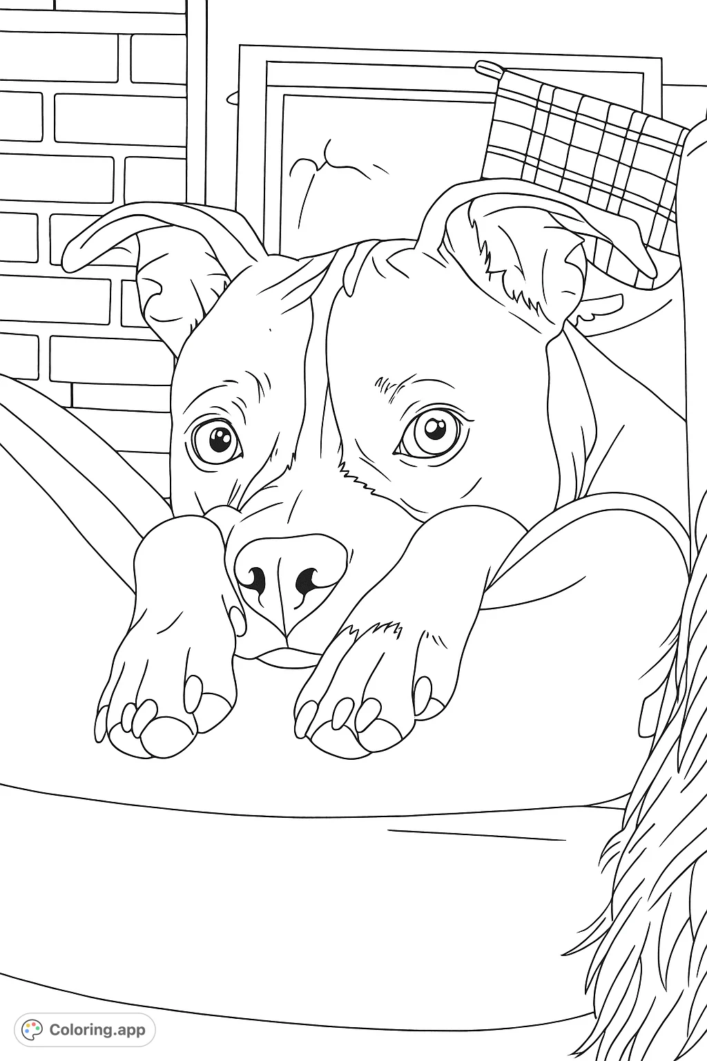 An adorable dog rests its head and paws on a lap, looking forward with an engaging expression. Perfect for dog lovers of all ages.