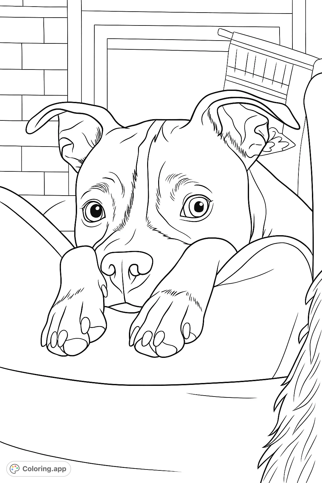 A heartwarming dog coloring page featuring a sweet canine companion resting its head and paws on a soft surface, perfect for dog lovers of all ages.