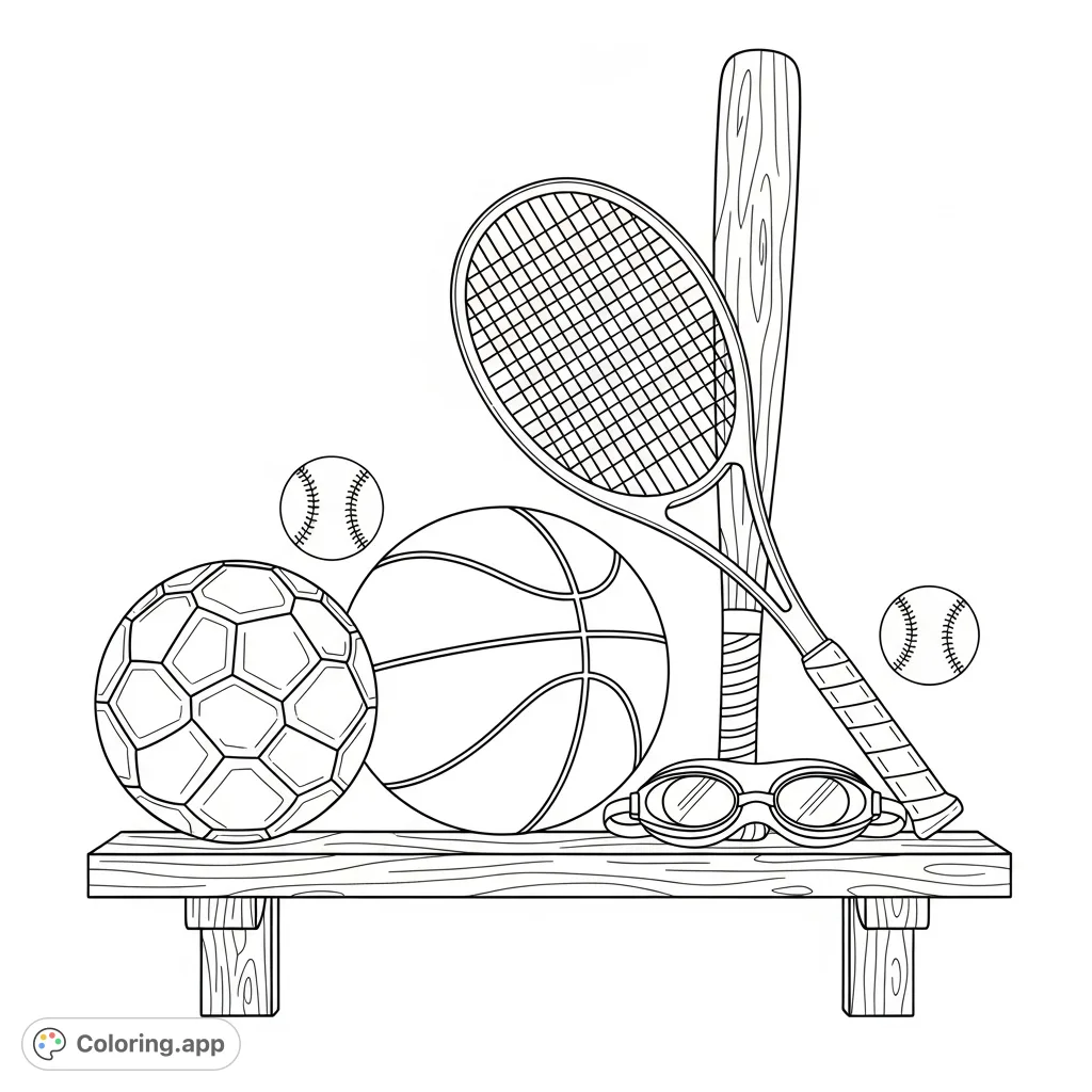 A detailed sports equipment coloring page featuring a soccer ball, basketball, tennis racket, baseball bat, and swimming goggles on a wooden shelf, each with a miniature counterpart.