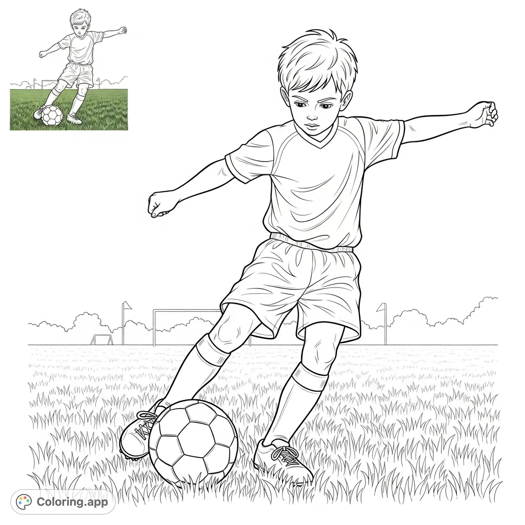 Capture the excitement of a young athlete mid-kick on a soccer field, complete with a detailed miniature version. Perfect for sports enthusiasts!
