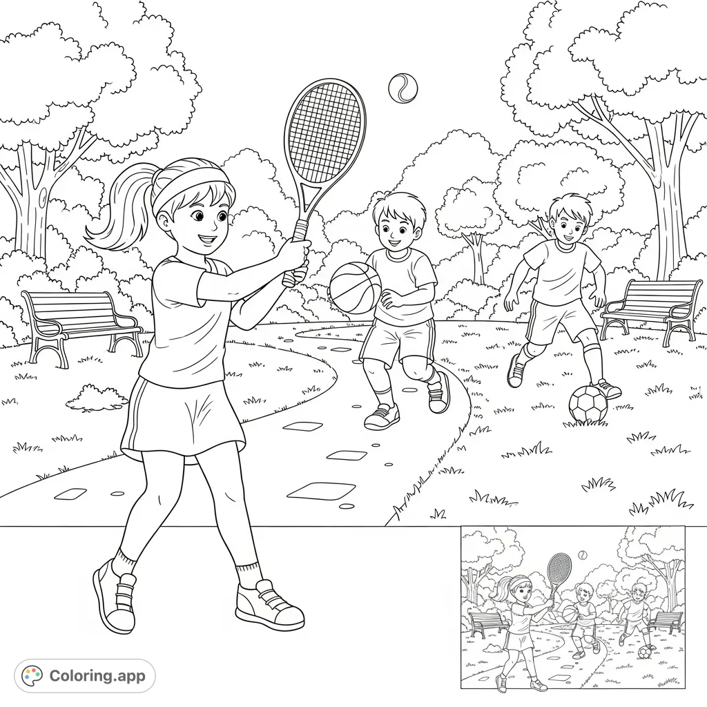 A dynamic park scene featuring children playing tennis, basketball, and soccer, with a unique miniature replica in the corner. Perfect for sports enthusiasts!