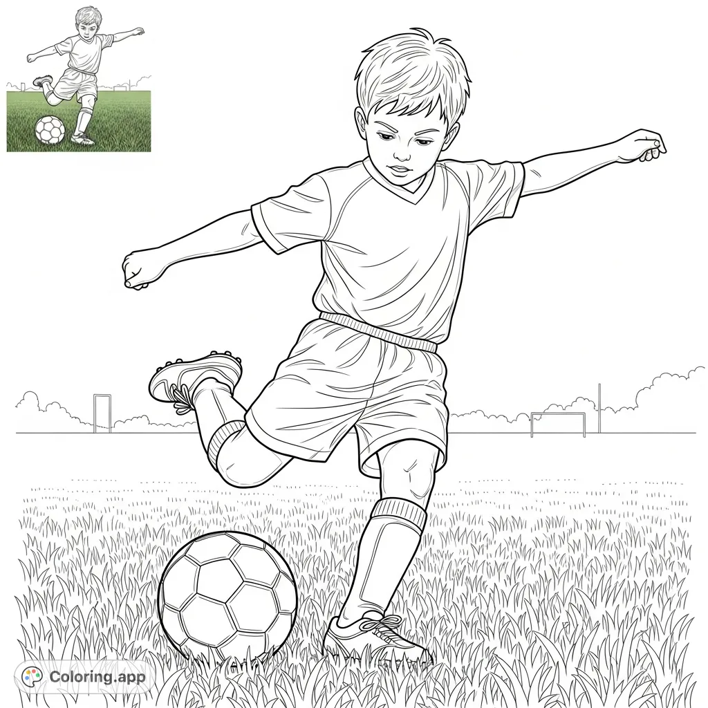 Capture the excitement of a young athlete mid-kick on a soccer field, complete with a detailed miniature version. Perfect for sports enthusiasts!
