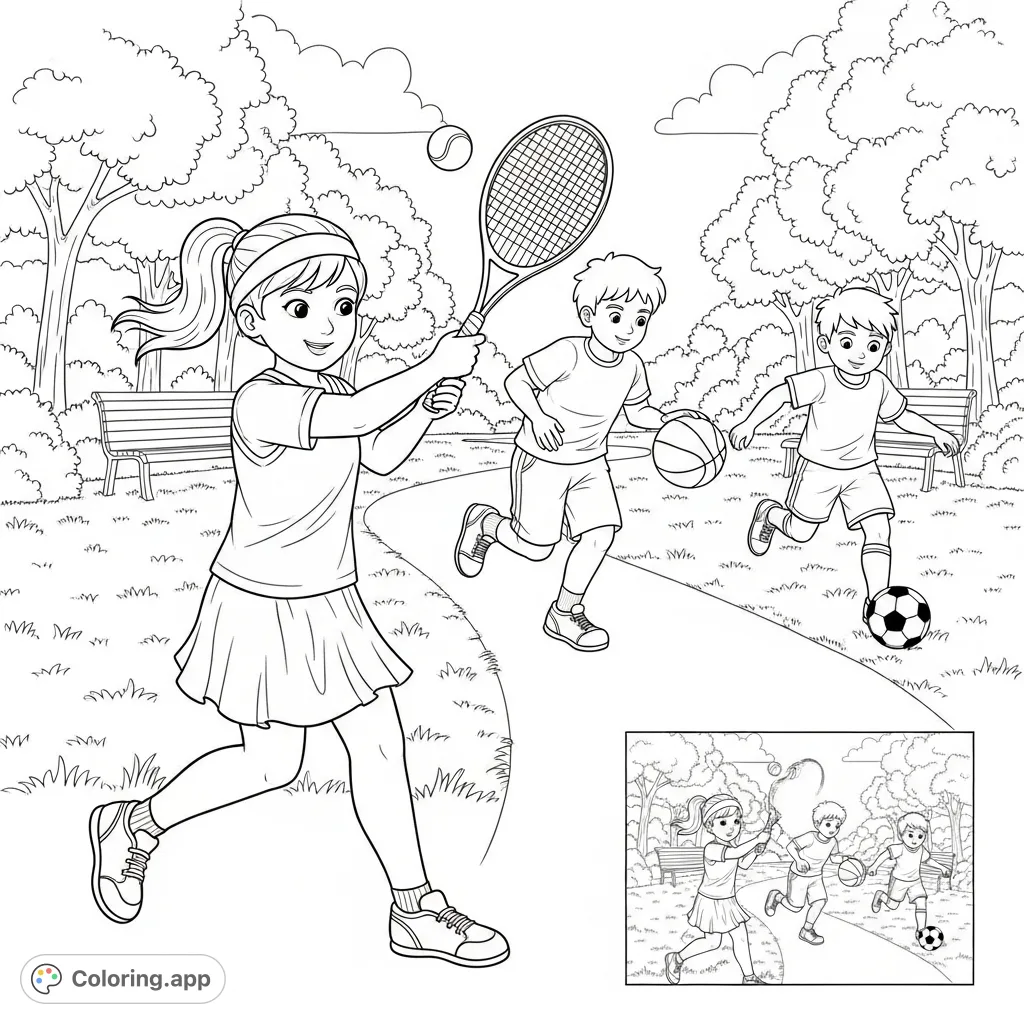 A dynamic park scene featuring children playing tennis, basketball, and soccer, with a unique miniature replica in the corner. Perfect for sports enthusiasts!