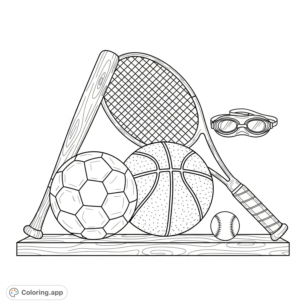 Explore a detailed sports equipment coloring page featuring a soccer ball, basketball, tennis racket, baseball bat, and goggles, each with a tiny replica.
