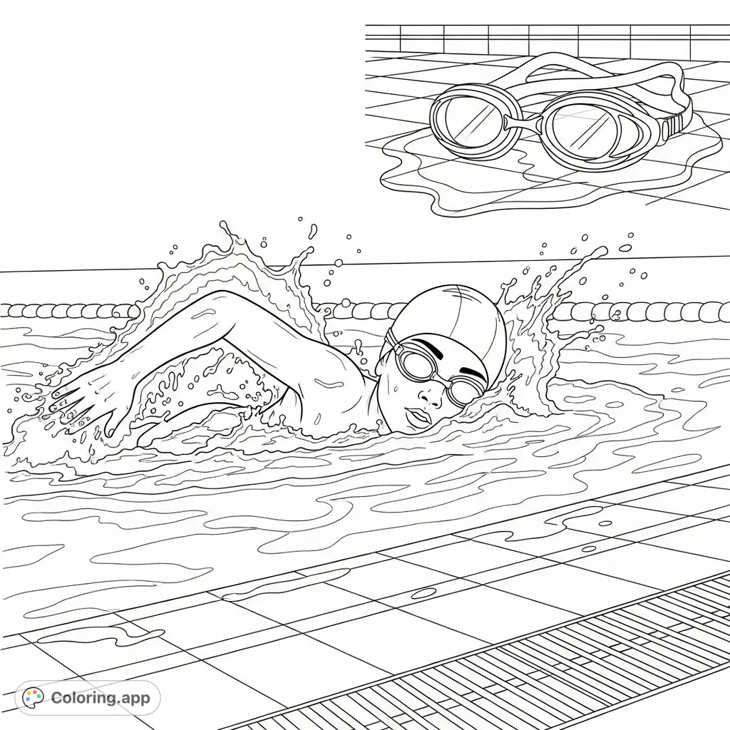 Dive into fun with this swimming coloring page featuring a child doing freestyle in a pool, surrounded by dynamic splashes. Perfect for young swimmers!