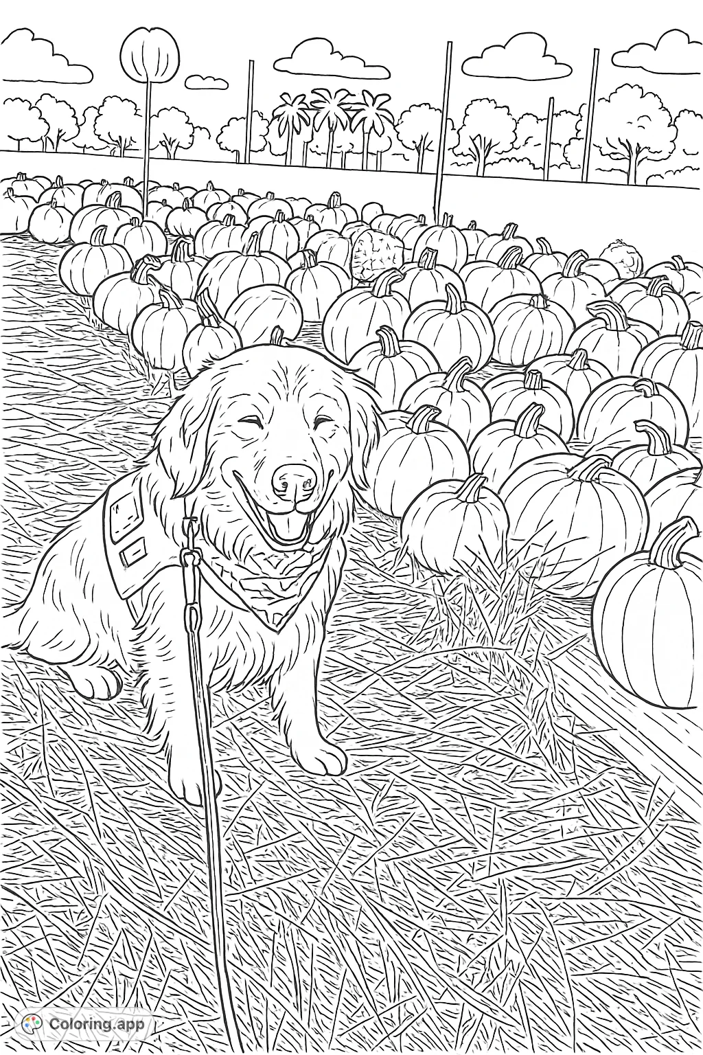 A joyful golden retriever sits amidst a bountiful pumpkin patch, wearing a festive bandana. Perfect for autumn and dog lovers to color.