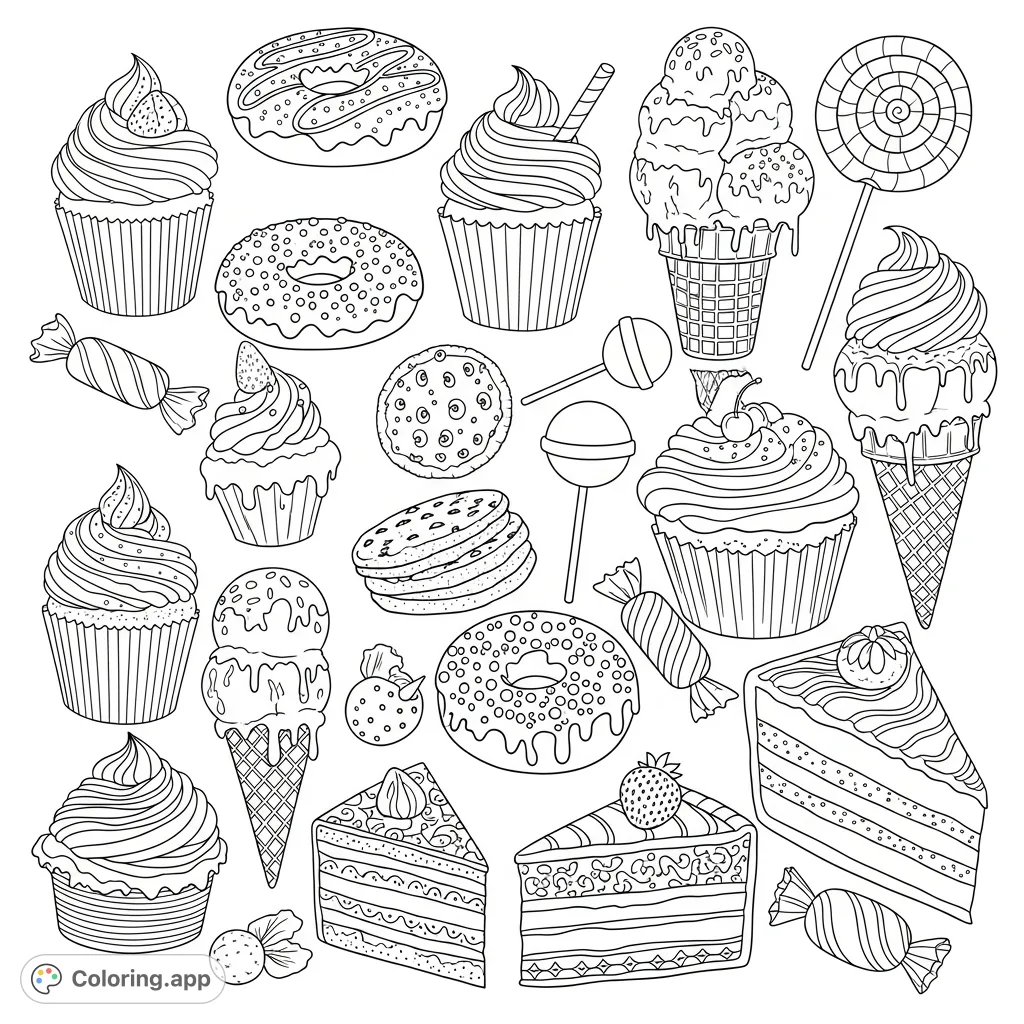 A delightful collection of cute doodle desserts, featuring cupcakes, donuts, ice cream, and more. Perfect for a sweet and fun coloring experience.