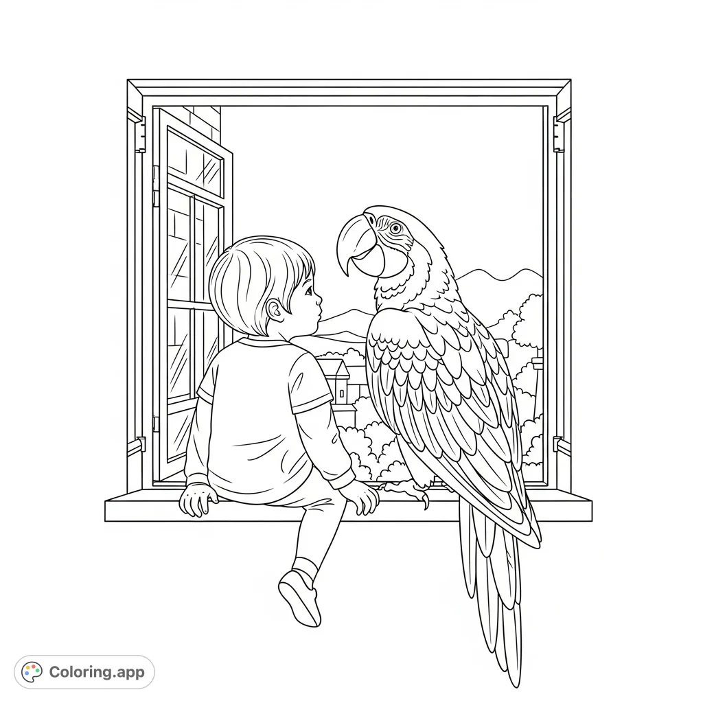 A heartwarming scene of a child and a parrot sharing a moment of curiosity, gazing out a window. Perfect for a relaxing coloring experience.